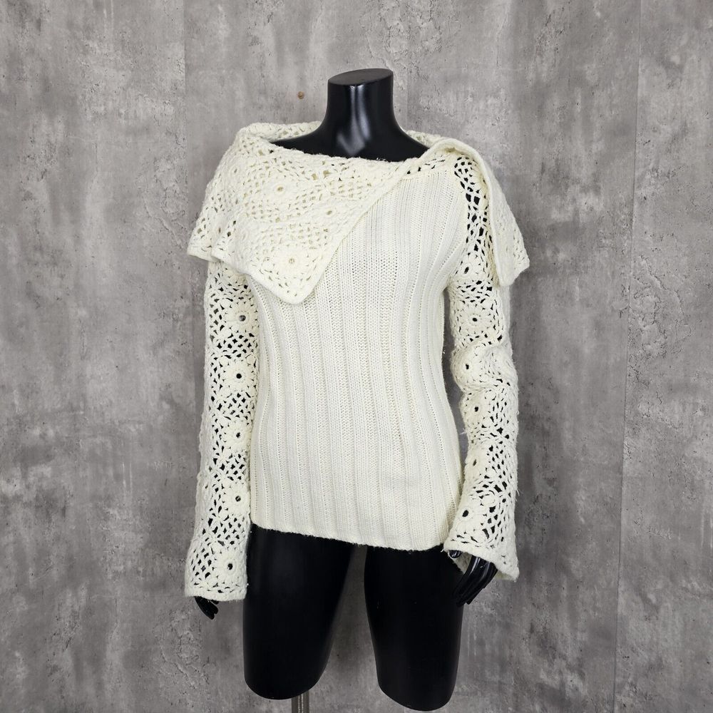 Newport News Womens M Cream Floral Crochet Asym Shawl Neckline Sweater